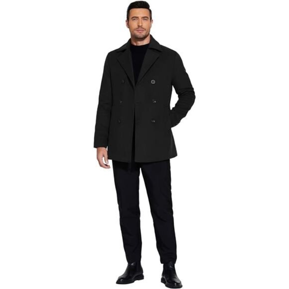 Mens Pea Coat Double Breasted Winter Overcoat Trench Coat Notched Collar - Picture 5 of 7